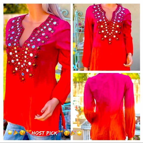 🎉HP MICHAEL KORS Retro Tie-die Ombré BoHo Gypsie Chic Beaded Mirrored Blouse - Picture 4 of 15